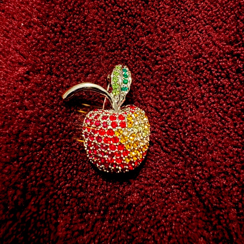 Vintage silver-tone apple brooch pin with red, orange, and green rhinestones